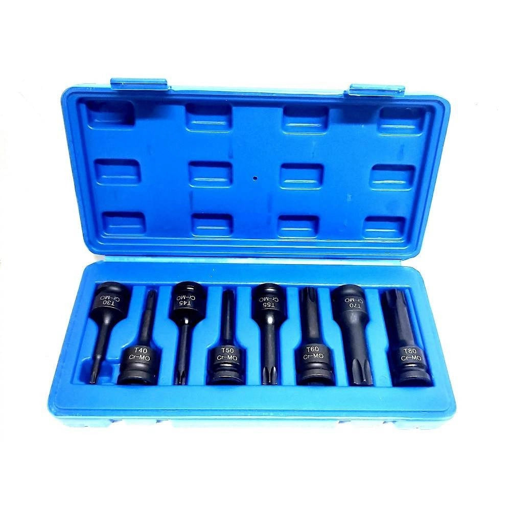 Trade Shop - Set 8 Pezzi Chiavi Bussole Torx Attacco 1/2" T30 T80 A Impatto Lunghe 78 Mm -