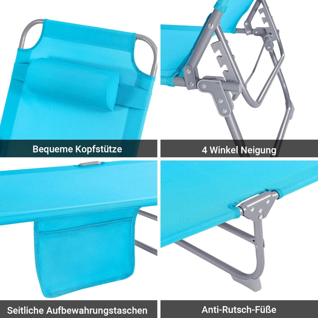 Set di 2 Sdrai da Giardino Lettino Prendisole con Cuscino e Tasca Laterale Sedia Sdraio da Esterno per Patio, Campeggio Spiaggia, Sdraio Pieghevole da Giardino Azzurro 155x56x81cm OGS35-Bx2