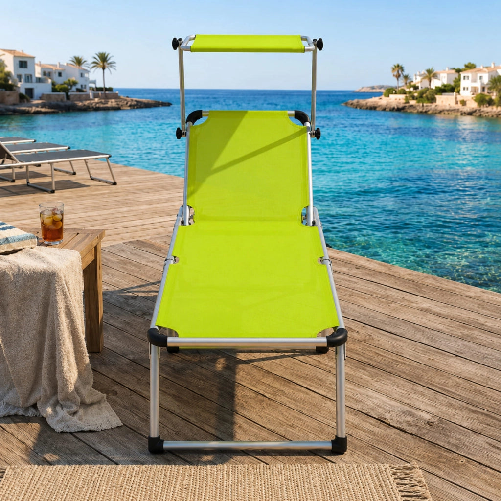 Lettino Pieghevole Prendisole Con Tettuccio Parasole Schienale Reclinabile Regolabile in 6 Posizioni Sedia Sdraio Per Spiaggia Mare Giardino Piscina 187 x 59 x 29 Cm  Verde Fluo