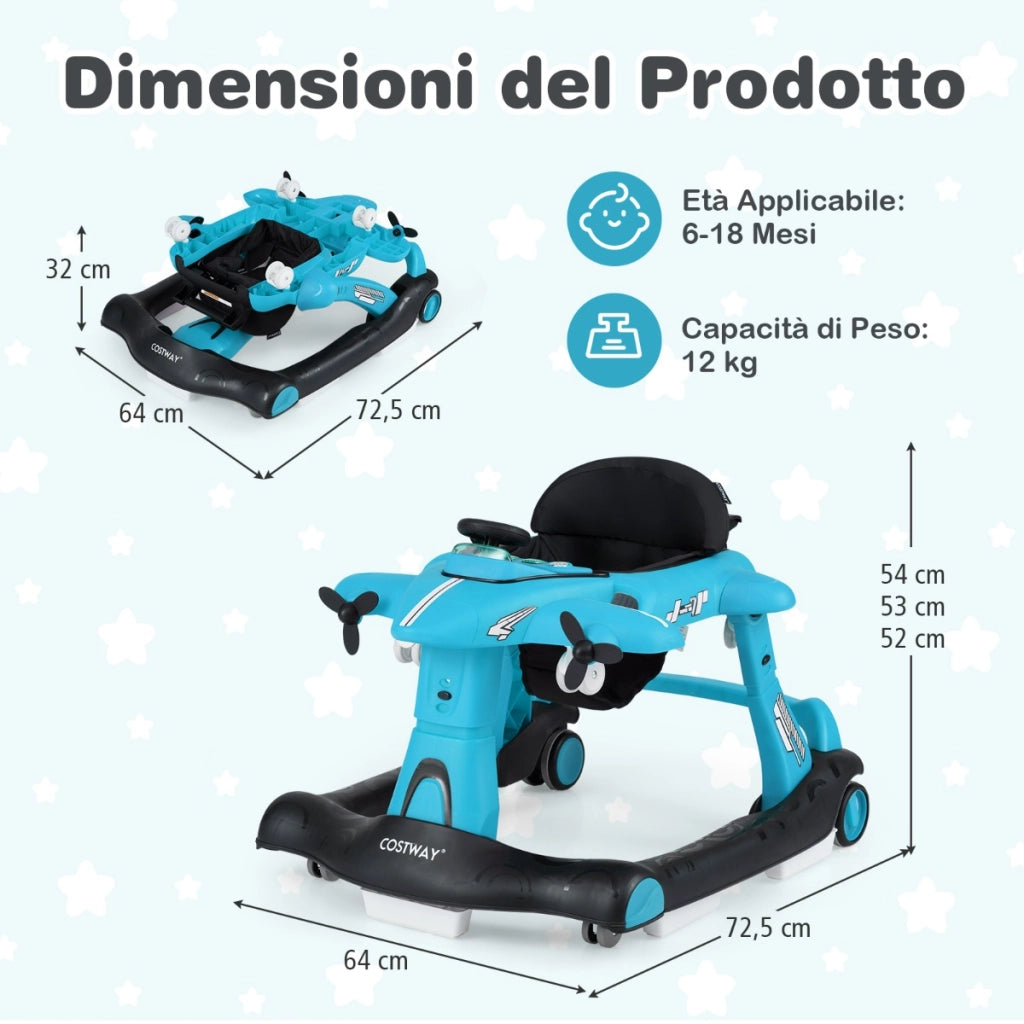 Camminatore pieghevole a tema aeroplano con altezza regolabile a 3 livelli, Camminatore per bambini 6 in 1 con ruote Blu