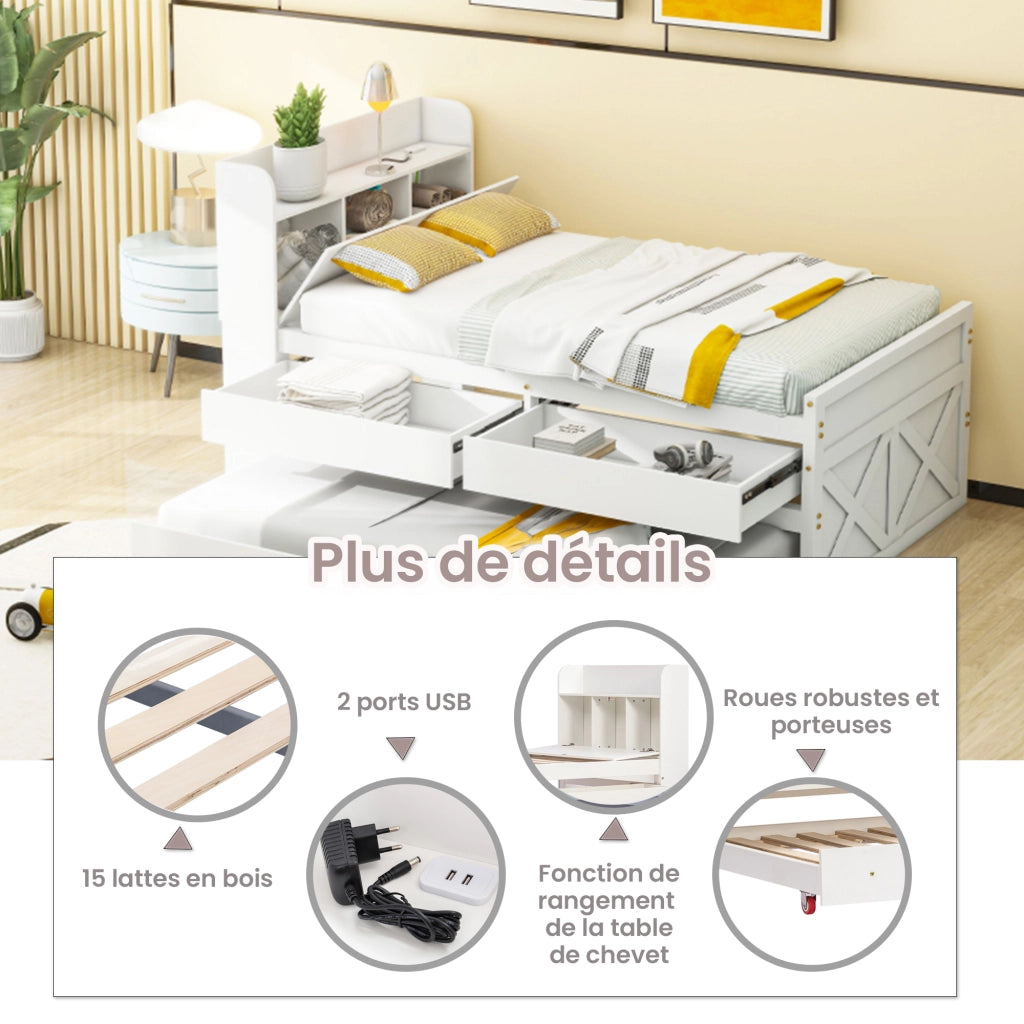 OKWISH Letto a Scomparsa 90×190 cm, Letto Singolo con Letto Estraibile, 2 Cassetti, USB e Comodino con Ripiani, senza Materasso, Legno Massello, Bianco