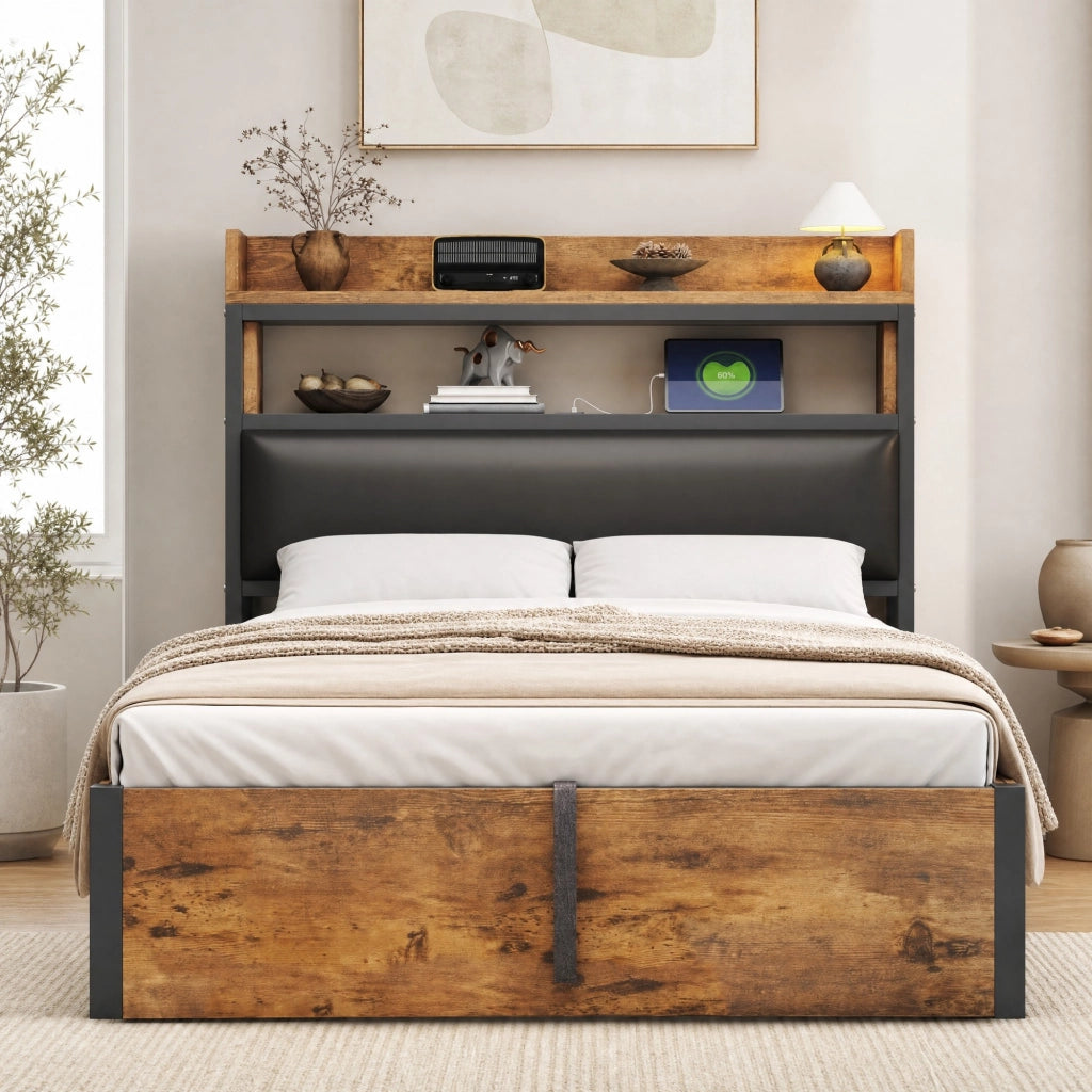 Letto singolo 90x200 cm con contenitore idraulico e USB; struttura in metallo e legno; nero