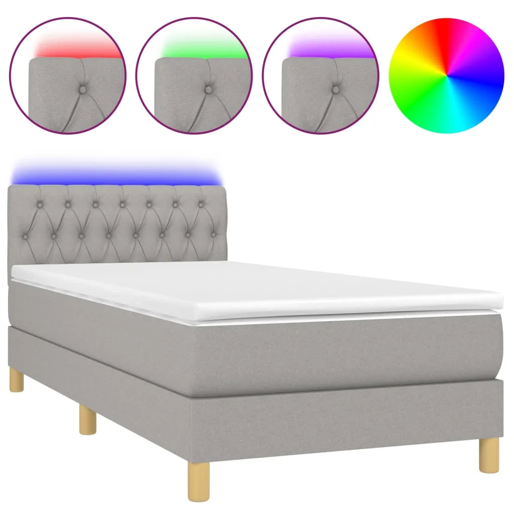 Letto singolo | Letto per adulti | Letto a Molle Materasso e LED Grigio Chiaro 90x190 cm Tessuto