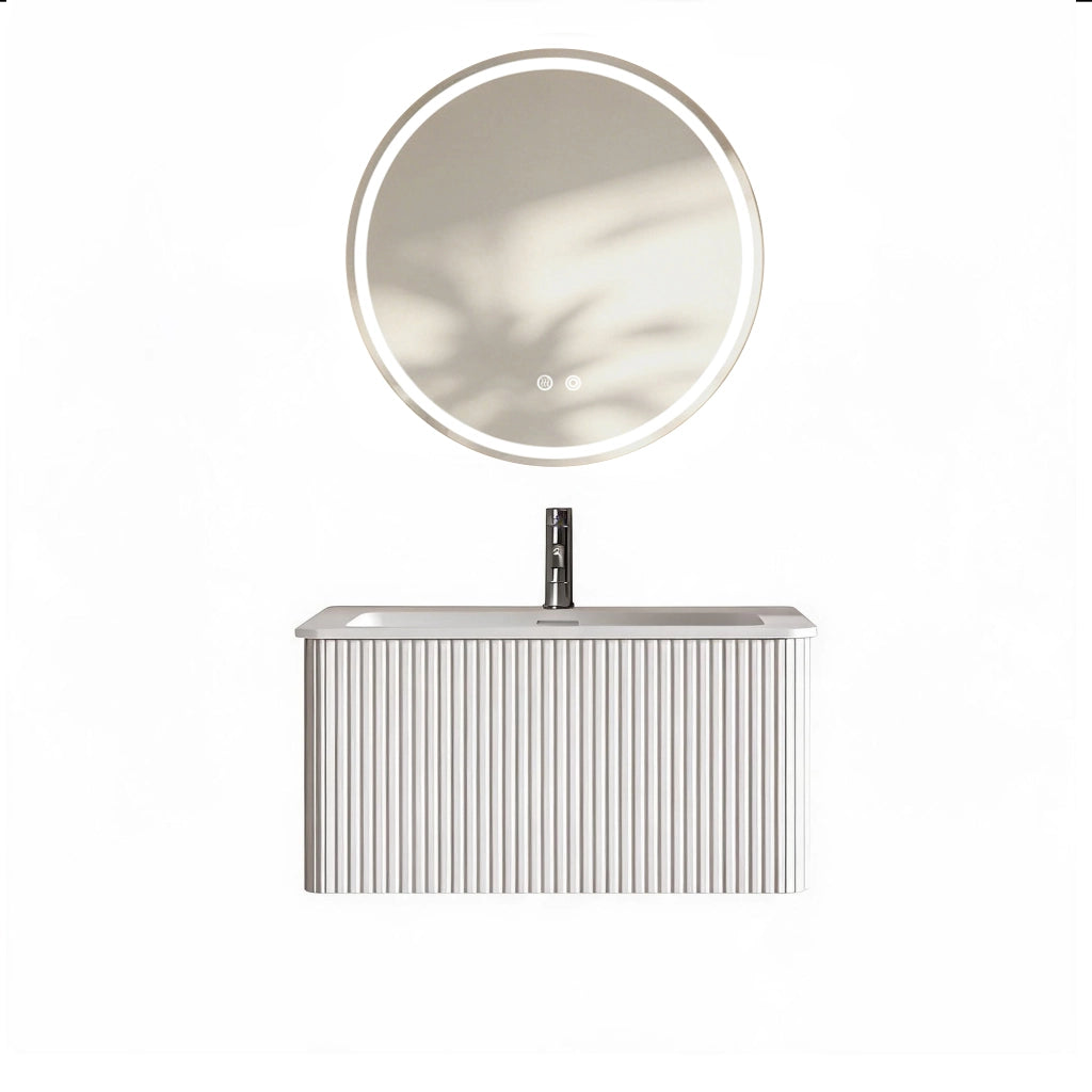 Mobile bagno con specchio sospeso con lavabo integrato; 1 cassetto e LED antiappannamento regolabile per bagno; bianco