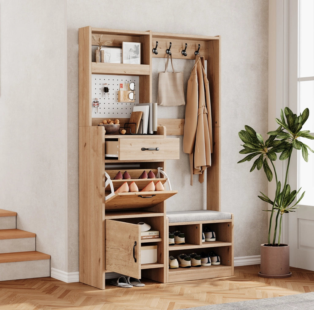 Guardaroba da ingresso 108.5x35x180 cm con panca; 4 ganci; truciolato naturale e bianco