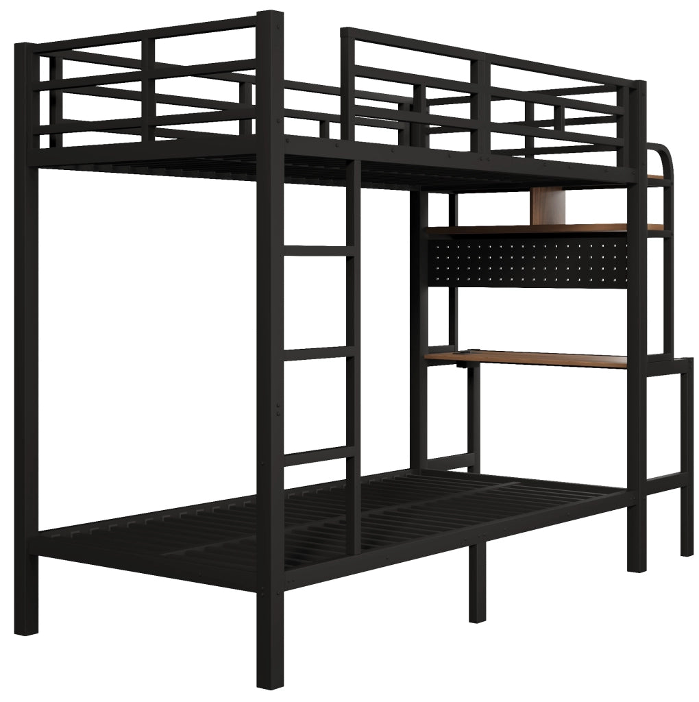 Letto a castello 90 x 200 cm con scrivania; ripiani; LED e USB in metallo nero