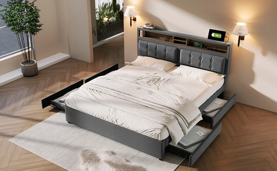 DESMIU Letto Matrimoniale 2 Posti con 4 Cassetti, USB, Tipo C e Testiera Regolabile 140 × 200 cm senza materasso