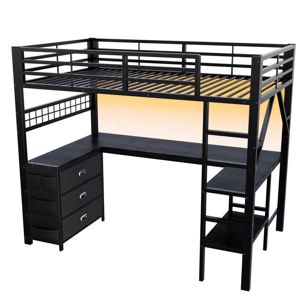 Letto a soppalco gaming ¨C Minimal ¨C metallo nero con cassetti scrivania led 90x200cm