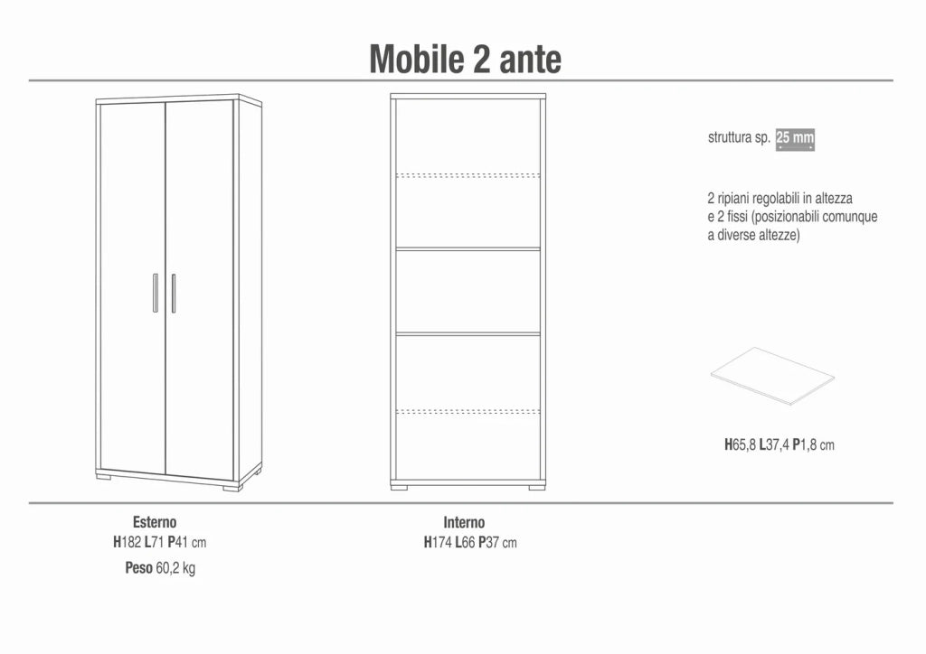 Armadio mobile 2 ante 71x41x182H cm in kit di design colore Cemento Grigio cemento e Ossido bianco