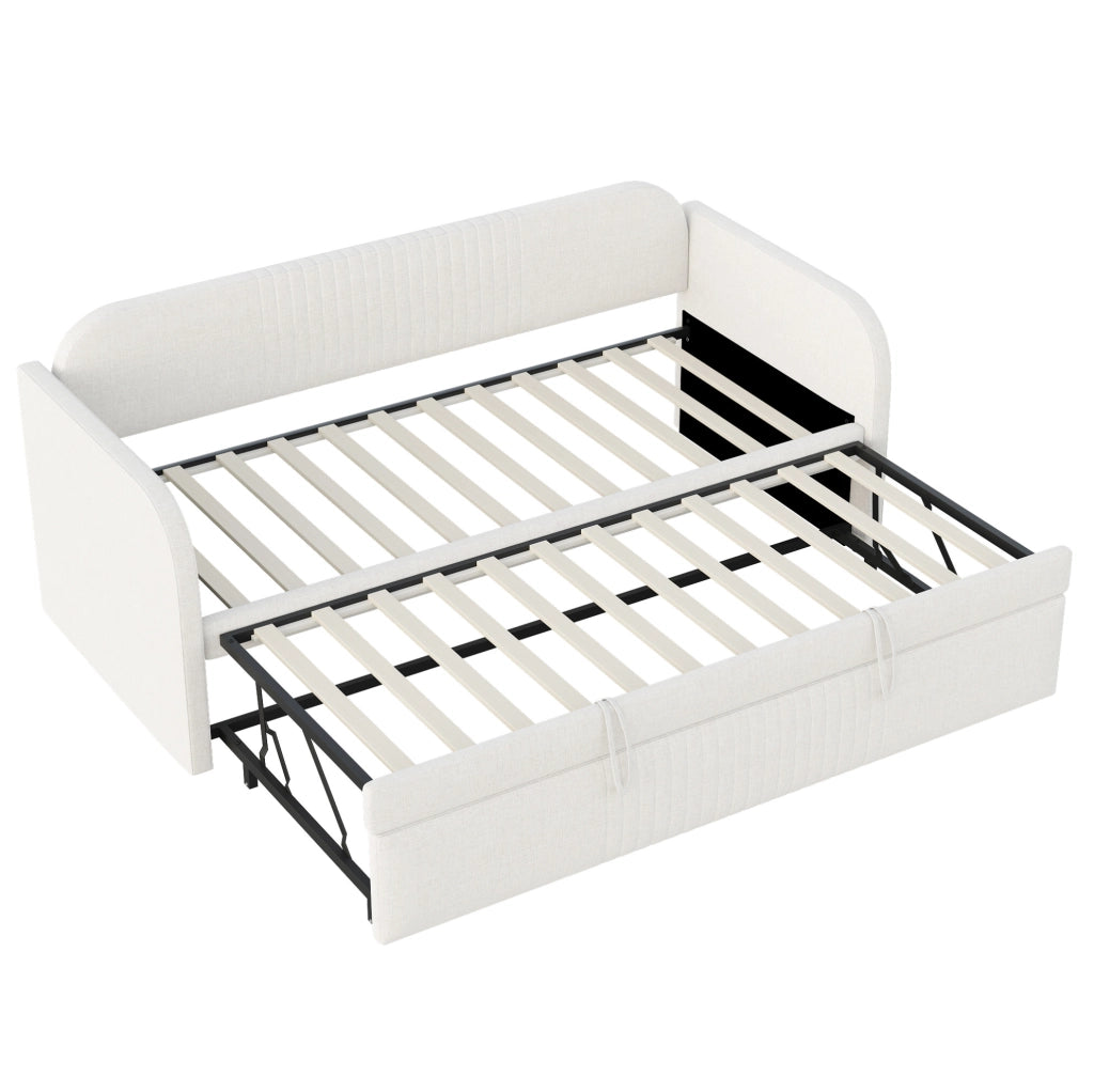 Divano letto imbottito 90x190 cm convertibile in 180x190 cm; rete a doghe; lino beige