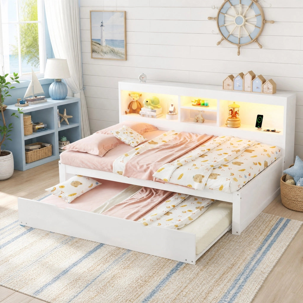 Divano letto daybed 90x200 cm con letto estraibile, LED, USB e presa, vano laterale, bianco