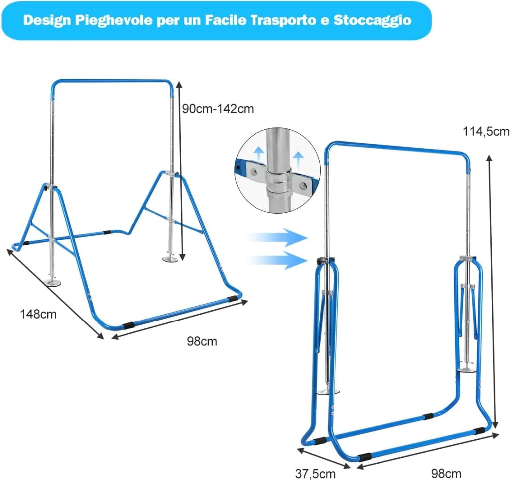COSTWAY Sbarra Ginnastica Artistica Pieghevole con Struttura Triangolare e 4 Cuscinetti Antiscivolo, Altezza Regolabile in 4 Posizioni da 90 a 142 cm, Barra per Ginnastica per Bambini