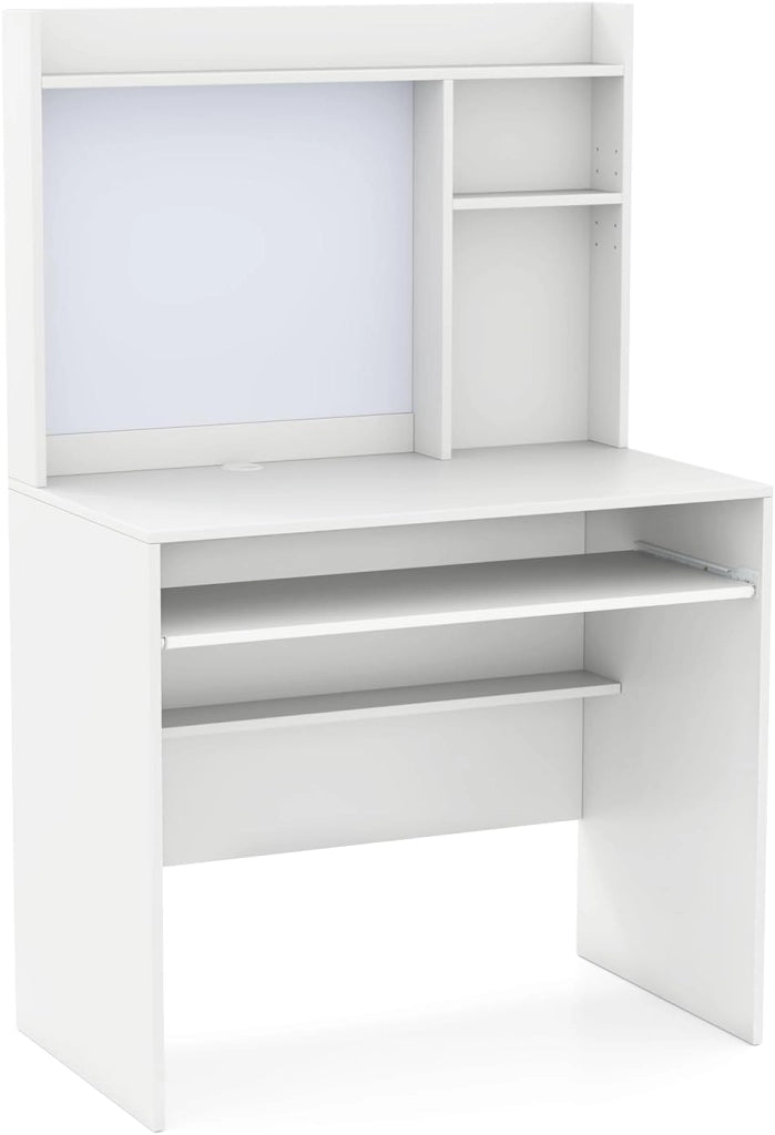 Scrivania per Computer con Armadietto, Scrivania per Ufficio con Bacheca Magnetica, Ripiani, Vassoio per Tastiera (Bianco)