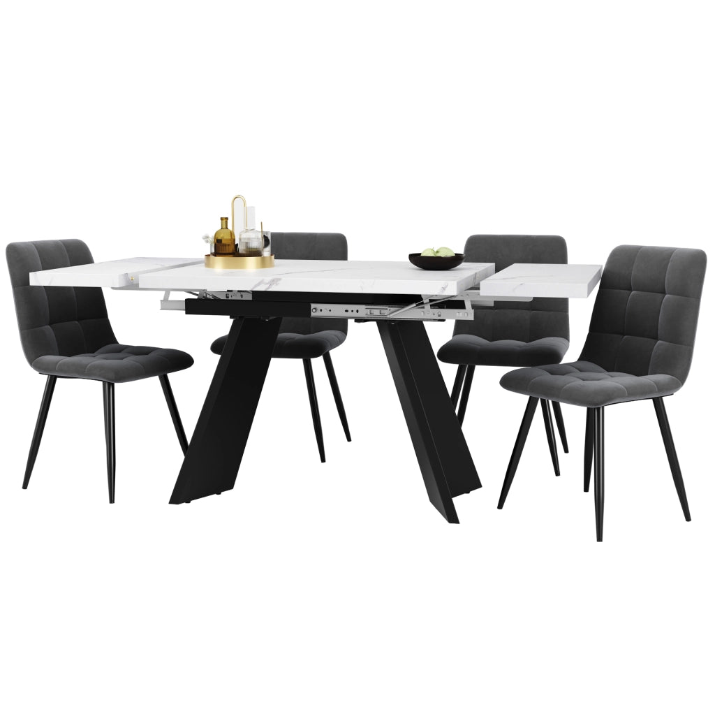 Set da pranzo allungabile 99-159x74x77 cm con 4 sedie; MDF; metallo e velluto; bianco e nero