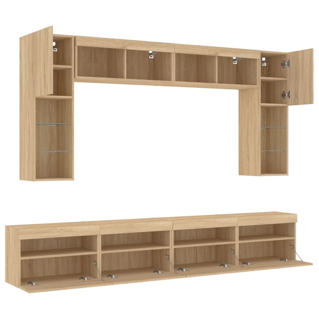 Set di mobili da 8 pezzi comprensivo di armadio credenza mobile TV per soggiorno camera da letto e sala da pranzo montaggio a parete con luci a LED finitura rovere Sonoma marrone 02_0025378