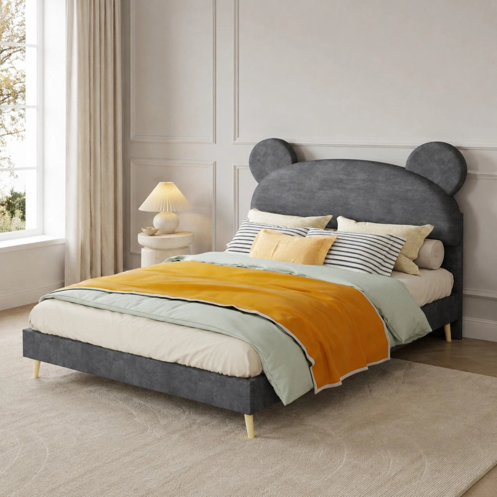 Letto imbottito per bambini con testiera a orecchie d’orso 140x200 cm; grigio