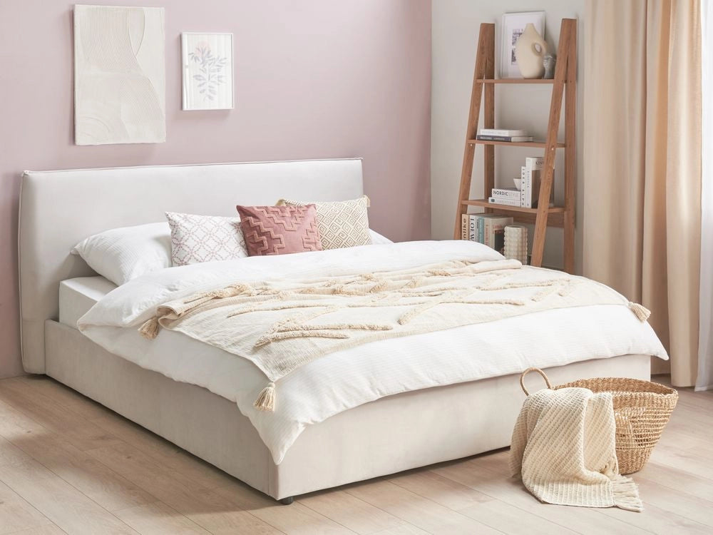 Letto con rivestimento in velluto bianco crema UE King Size 180x200cm Grande testata classica contenitore Doghe in legno