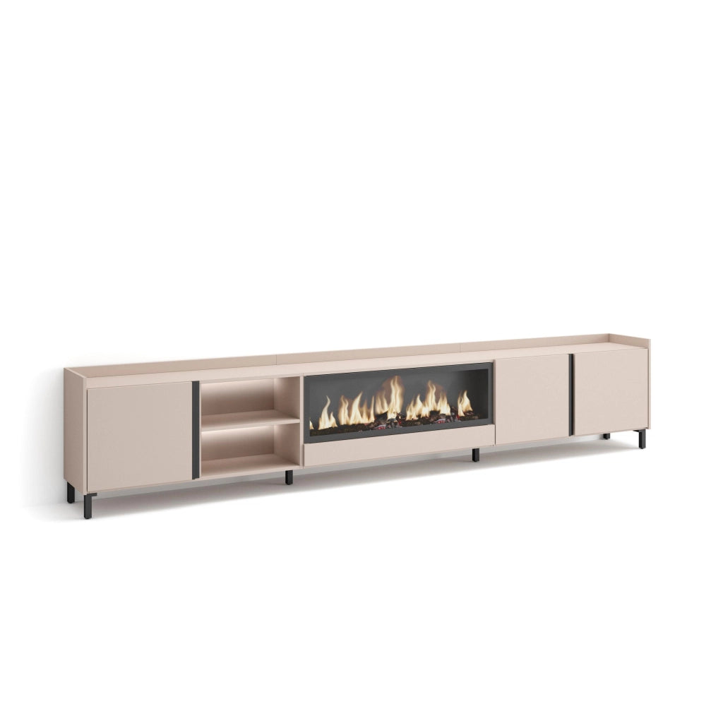 Mobile TV Soggiorno, 315x61x35 cm, Per TV fino a 80", Camino elettrico XXL, Design industriale, LED, Beige