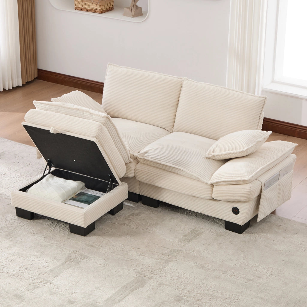 Divano 2 posti in velluto a coste beige con pouf e USB-C