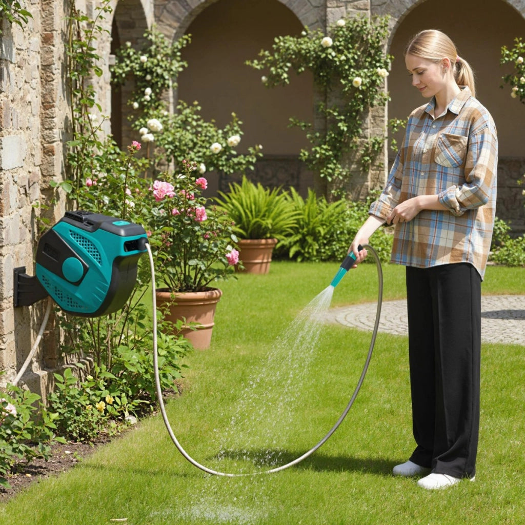 Avvolgitubo automatico con ritorno lento per patio e prato, Tubo 20m con tubo di alimentazione 2m-Attrezzi da giardino