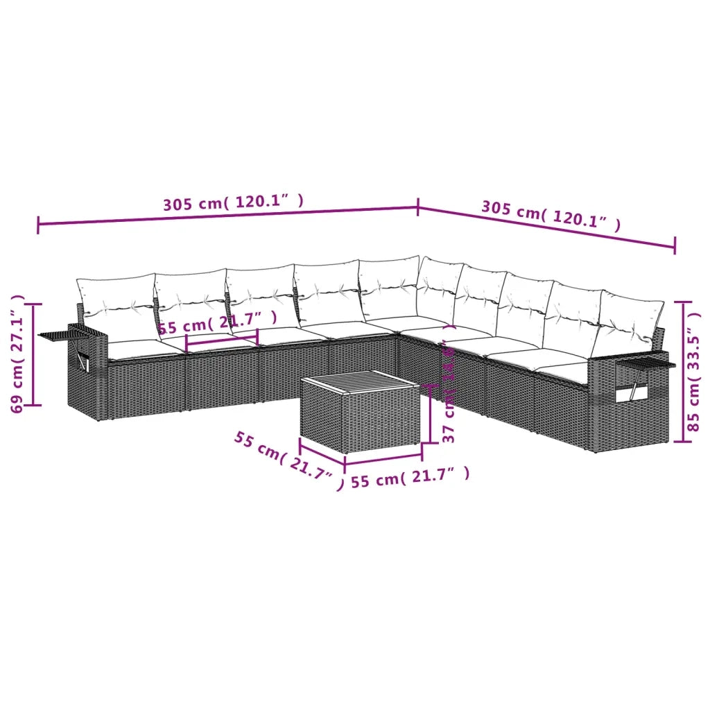 Set Divani da Giardino 10pz con Cuscini in Polyrattan Nero