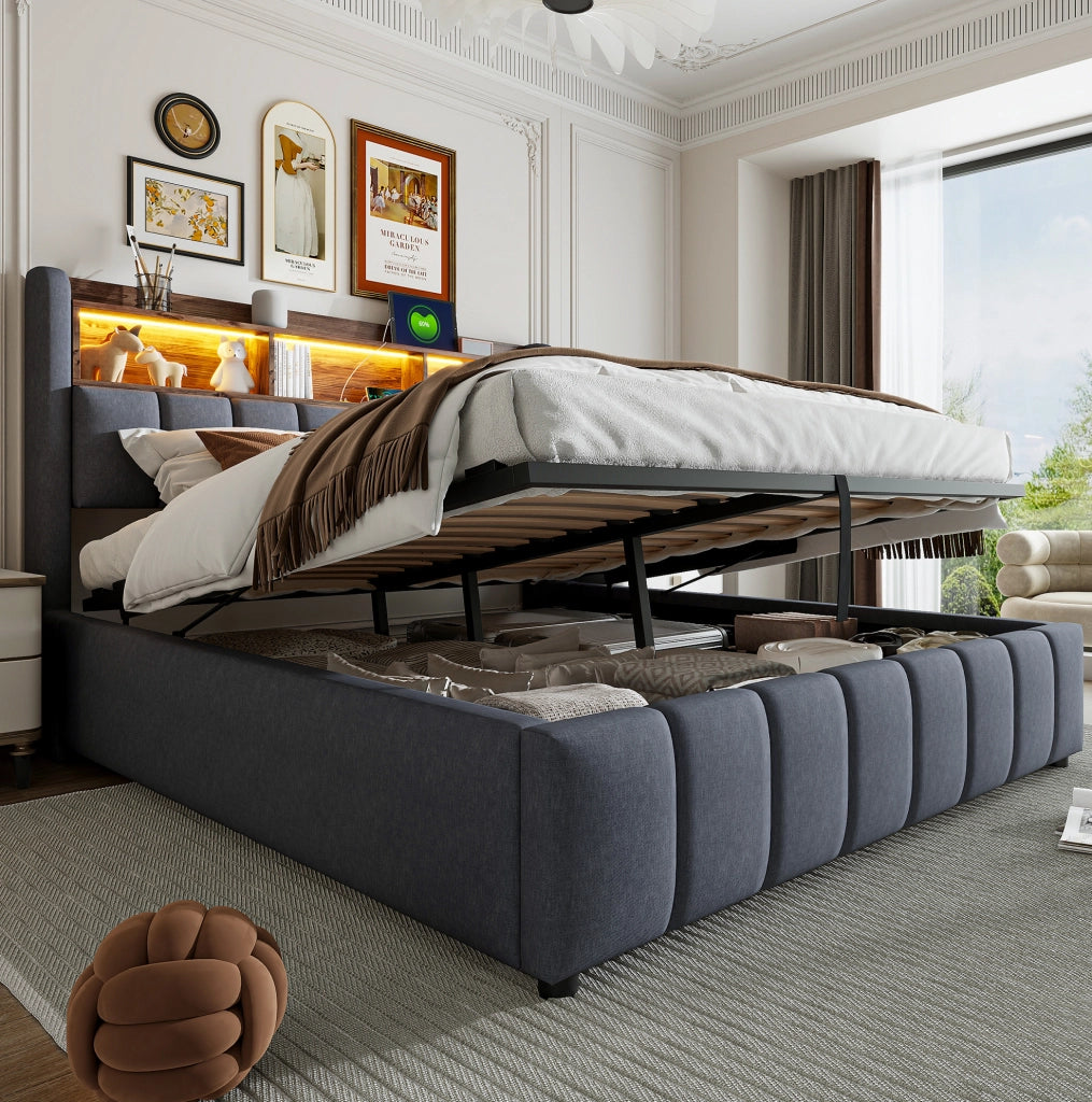 Letto imbottito 180x200 cm grigio con LED, USB/Type-C e vano contenitore