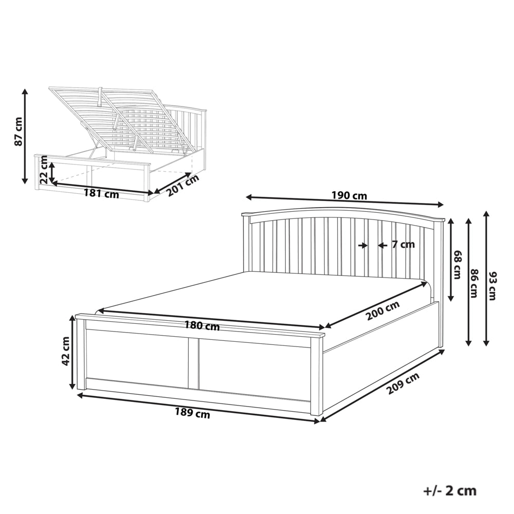 Letto matrimoniale in legno di pino con contenitore bianco con rete sollevabile 180 x 200 cm