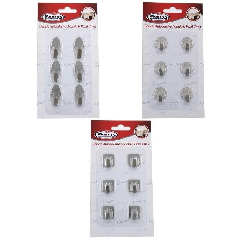 MAURY'S SET 6 GANCI AUTOADESIVI PICCOLI DA 2 CM SILVER IN FORMA ASSORTITA