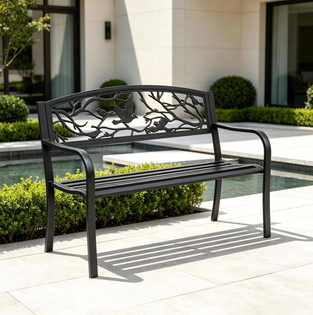 Panchina da giardino in metallo nero 127x60x85 cm; con schienale decorato