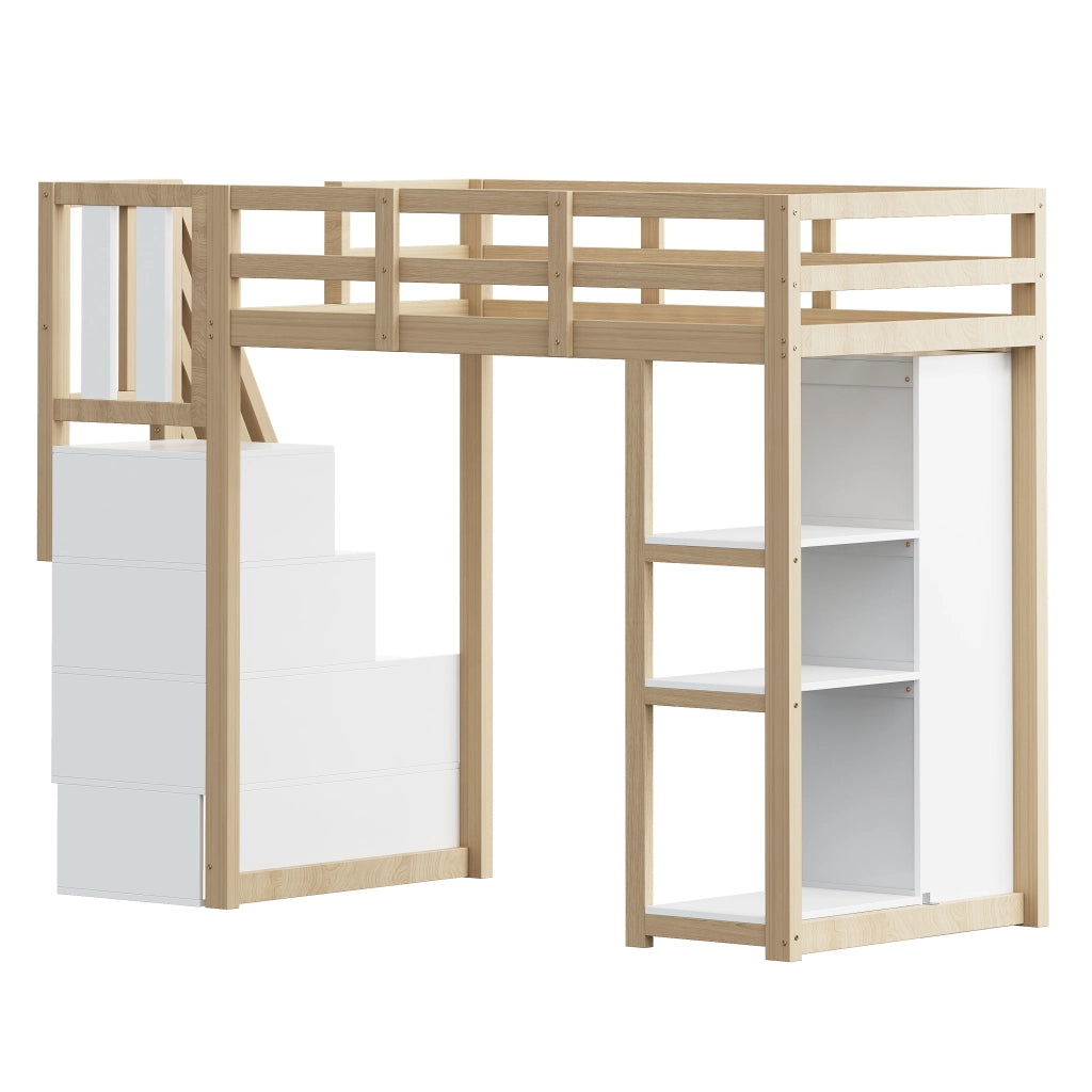 Letto a soppalco singolo 90×200 cm con 4 cassetti; ripiani e scala; senza materasso; legno naturale
