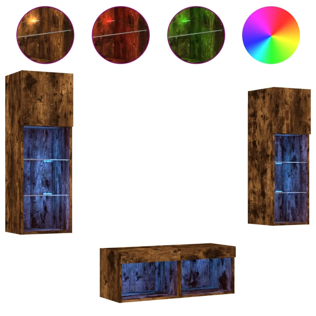 vidaXL Mobili TV a Muro 4pz con Luci LED Rovere Fumo