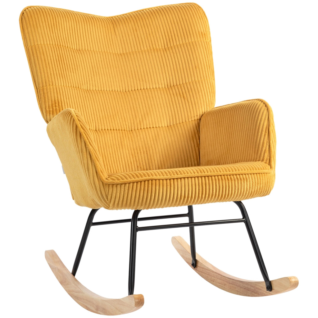 Poltrona a dondolo vintage ¨C Xylo ¨C tessuto giallo, legno di faggio e acciaio