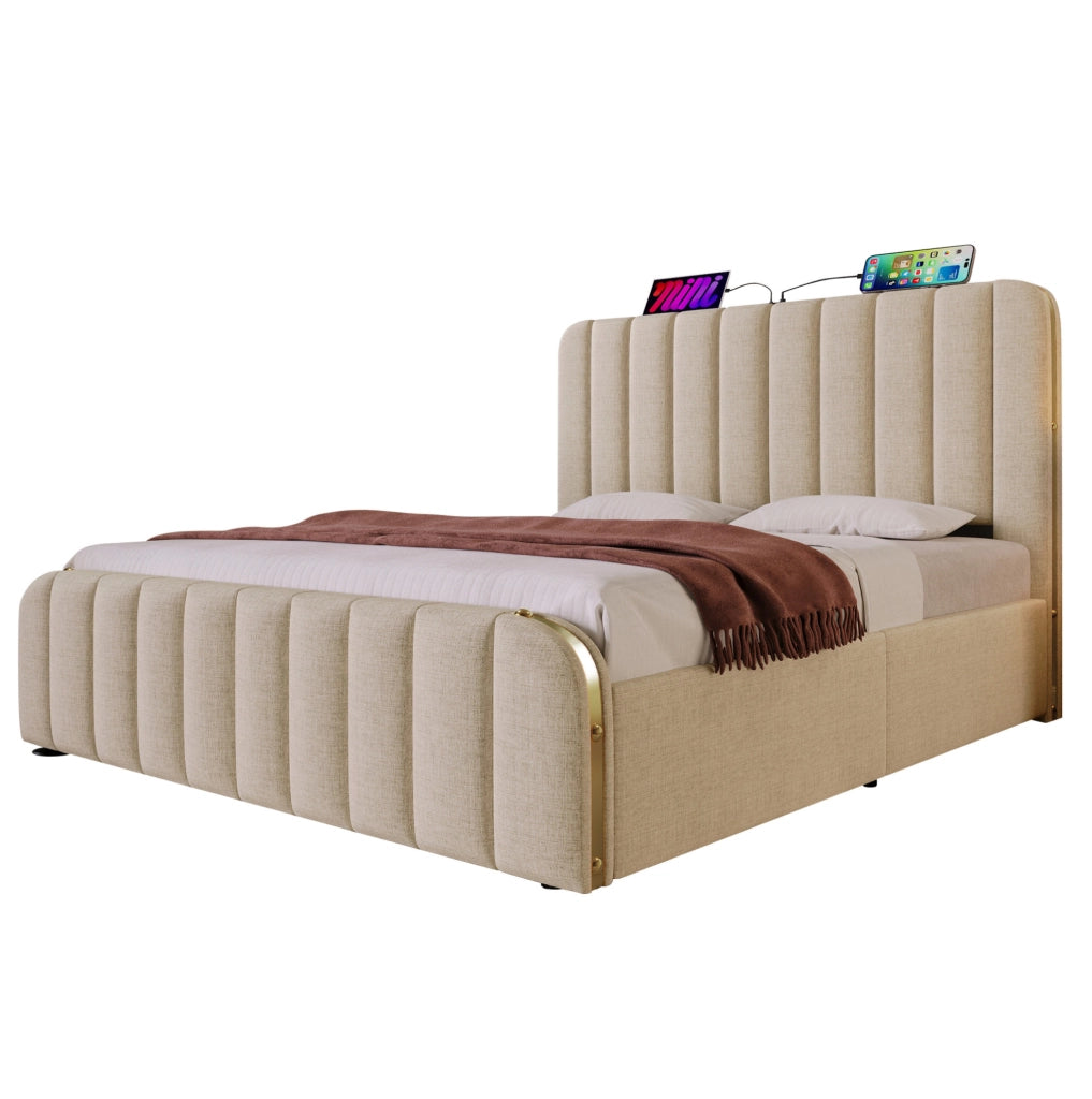 Letto matrimoniale contenitore 140x190 cm in lino beige con porte USB e Type-C