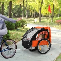 Rimorchio Bici Bambini con 2 Posti, 2 Cinture di Sicurezza, Telaio in Acciaio e Copertura in Tessuto Oxford Arancione