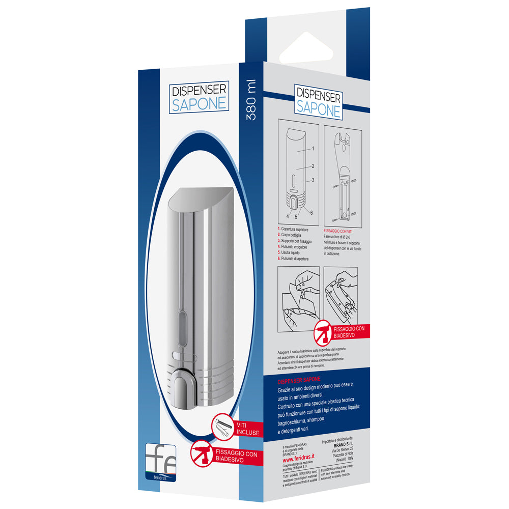 DISTRIBUTORE DISPENSER SAPONE DA MURO 380ml PLASTICA CROMATO 7,5x8x22,5cm FERIDRAS 780005