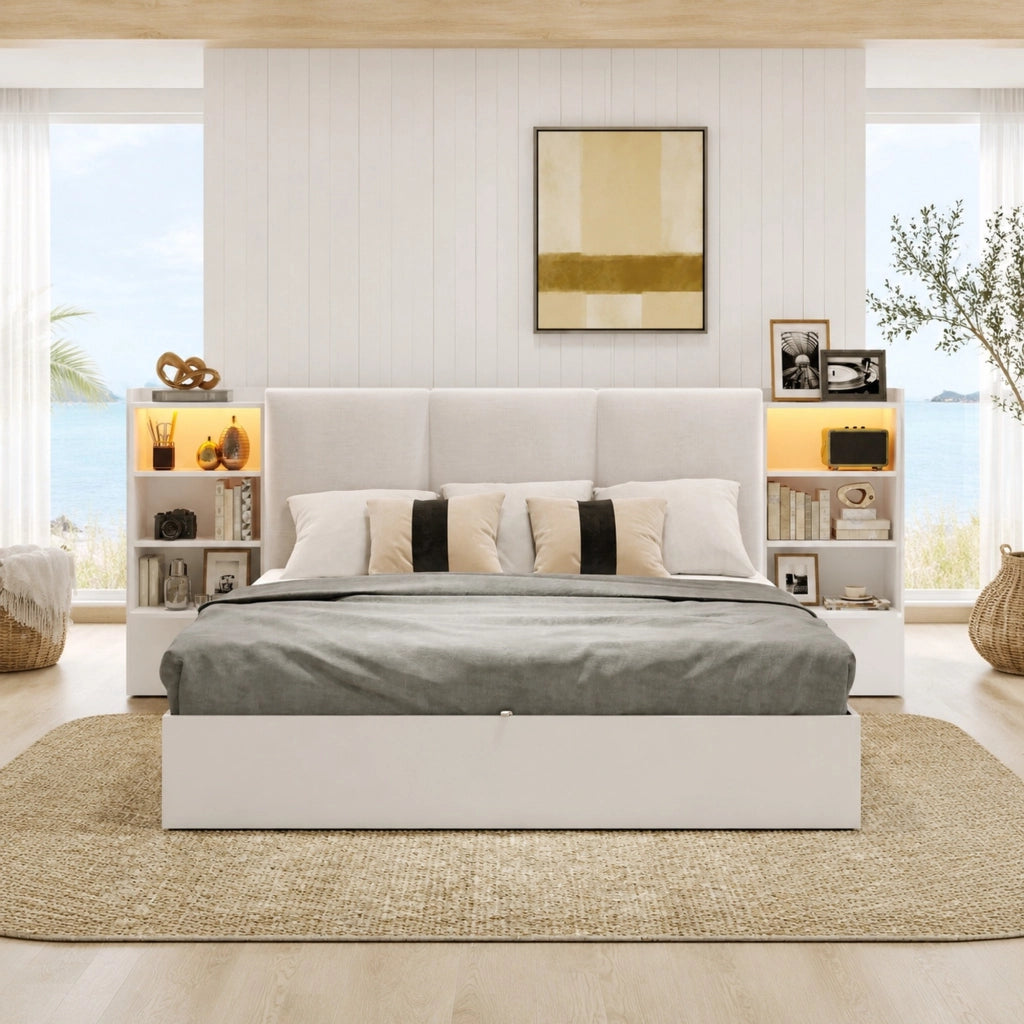 Letto Contenitore 180 x 200 cm - 6 Vani; LED Regolabile e Testiera Imbottita - Bianco