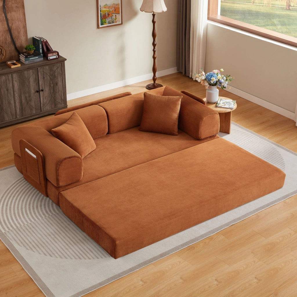 Divano letto pieghevole con struttura in acciaio e 2 cuscini da terra per soggiorno o camera in schiuma terracotta