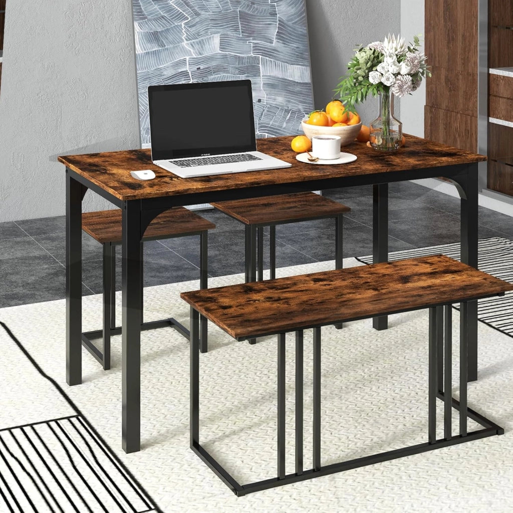 Set tavolo e sedia da pranzo 4 pezzi, tavolo da cucina 4 persone 120 x 60 x 75 con 1 panca e 2 sgabelli, struttura in metallo, per sala da pranzo, soggiorno, caffè (marrone)