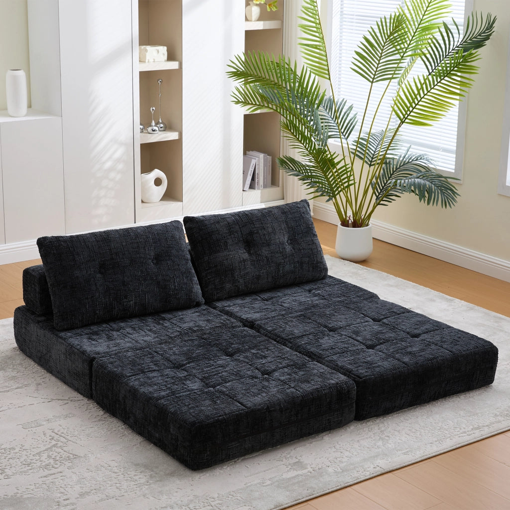 Poltrona Letto Pieghevole 1 Posto con Cuscini Cervicale e Lombare Salvaspazio da Pavimento in Chenille Nero