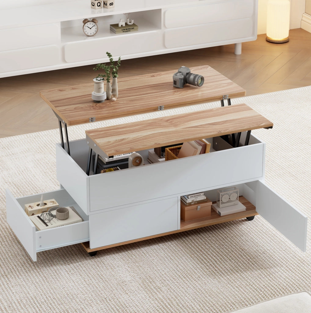 Tavolino da caffè sollevabile 100×98×65 cm con contenitore, cassetto e ruote