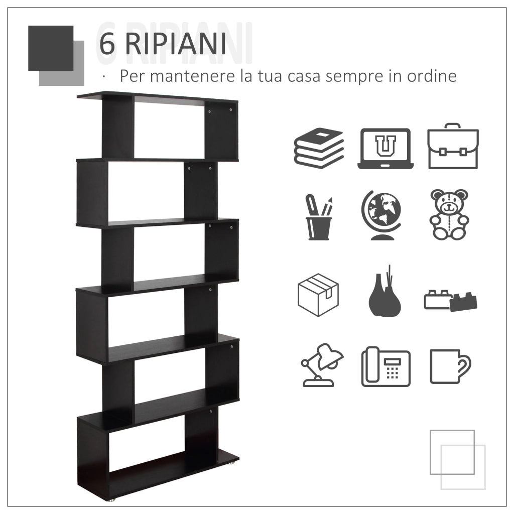 EasyComfort Libreria di Design, Libreria a Parete Nera, 6 Ripiani Scomposti, Struttura a Zig-Zag, Moderna, Resistente, in Legno, per Salotto e Ufficio, 80x24x191cm, Nero