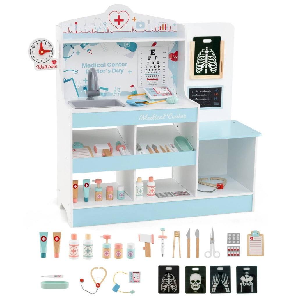 Ospedale finto centro medico per bambini con orologio tabella oculistica, Set da gioco dottore in legno monitor ECG Blu