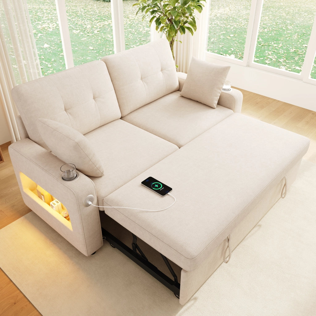 Divano letto 2 posti estraibile 141;5x131x83;5 cm in chenille beige con LED e USB/Type-C