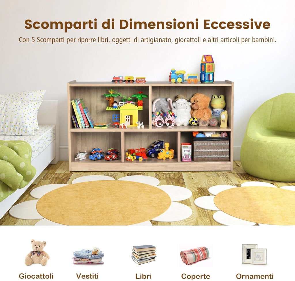 Libreria per Bambini e Organizer Giocattoli, Scaffale di Legno Con 5 Scompartimenti, Per Stanza dei Giochi Camera Dei Bambini Angolo di Lettura Classe Scuola Materna (Naturale)