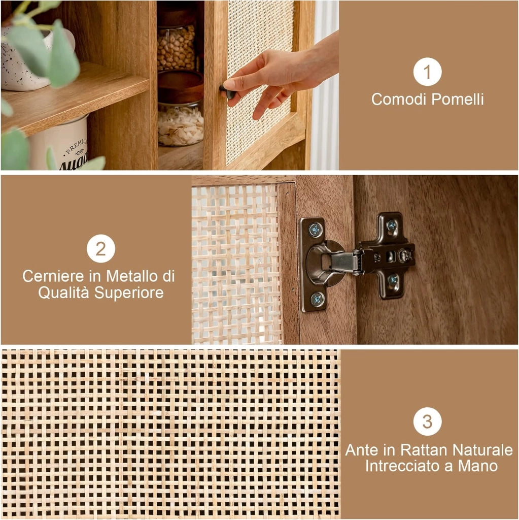 Credenza con 2 Ante in Rattan Naturale, Mobiletto Multiuso in Stile Boho con 4 Scomparti Aperti, Mobile da Cucina, Sala da Pranzo e Soggiorno, Naturale, 80 x 29,5 x 97 cm
