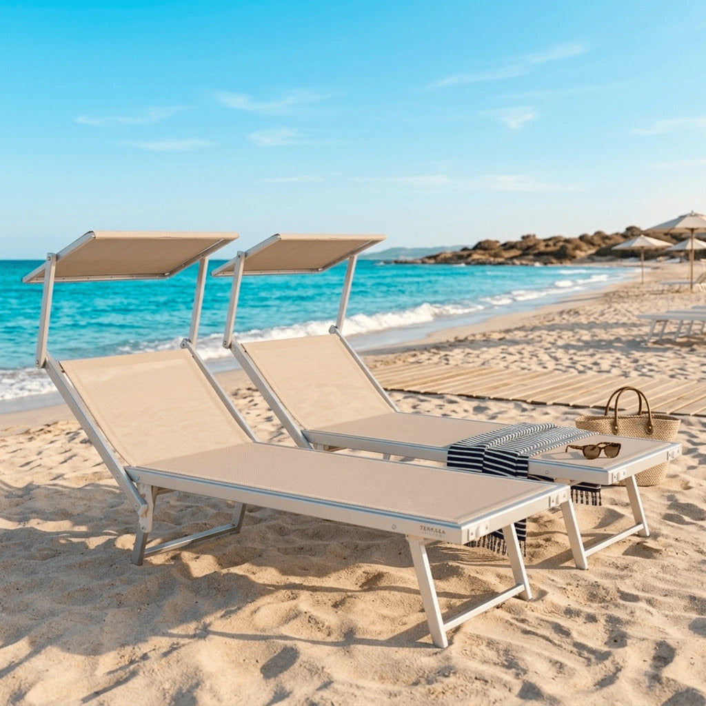 Coppia Di Lettini Beige Prendisole Pieghevole Professionale In Alluminio Tettuccio Orientabile Tettino Parasole Sdraio Lettino Prendi Sole Mare Spiaggia Piscina Giardino 182 x 60 x 38 cm