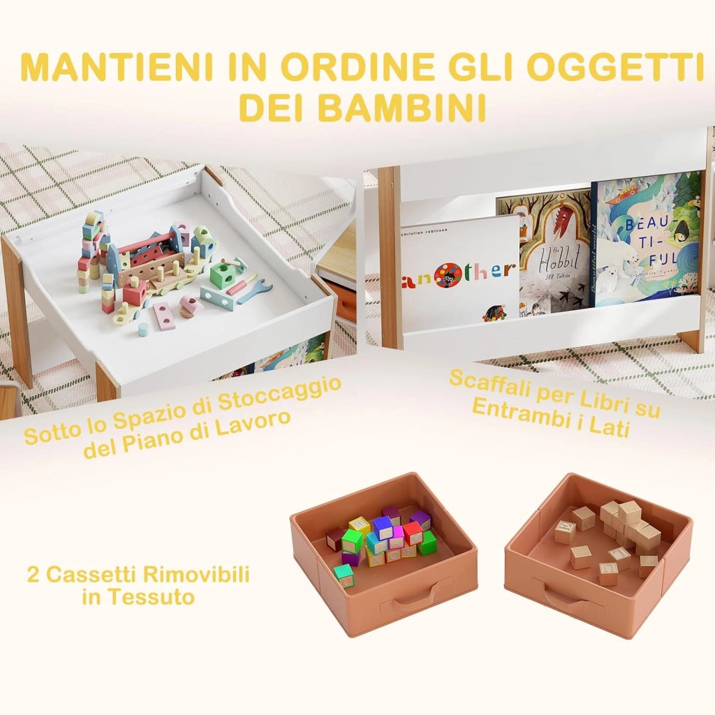 Set Tavolino Bambini con 2 Sedie per Bambini, Tavolo e Sedie 4 in 1 con Piano Doppa Faccia, Librerie Laterali e Scatola in Tessuto, Mobile Salvaspazio per Asilo e Cameretta (Naturale, Stile 2)