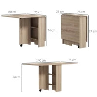 Tavolo Pieghevole con 2 Ribalte per 6 Persone con Ripiani e Rotelle Integrate, Legno Naturale