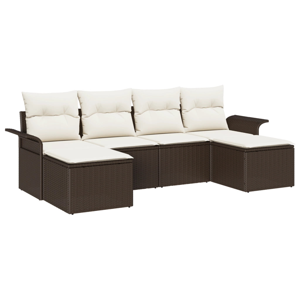 Set di Divano da Giardino 6 Pezzi con Cuscini Marrone Polirattan