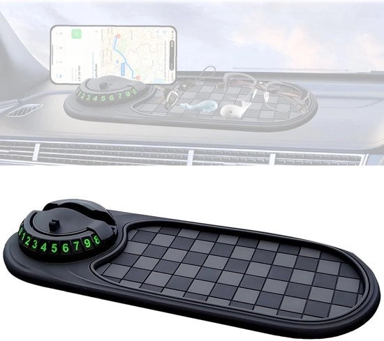 Matrice antislip multifunzionale per l'auto, supporto universale per smartphone, matrice antislip 3 in 1 per l'auto, matrice antislip per l'auto, matrice antislip rotativa 360° per il cruscotto con numero di parcheggio per smartphone e occhiali